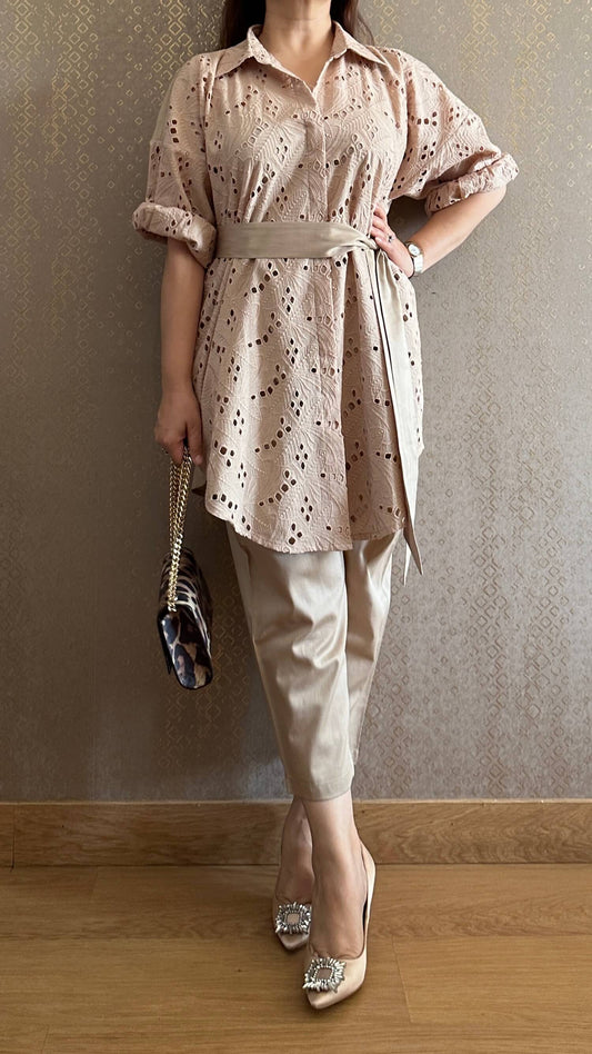 Mocha Cotton Chikankari Co-ord Set with Belt