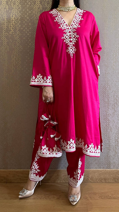Candy Pink Kashmiri Phiran with Salwar and Matching Potli