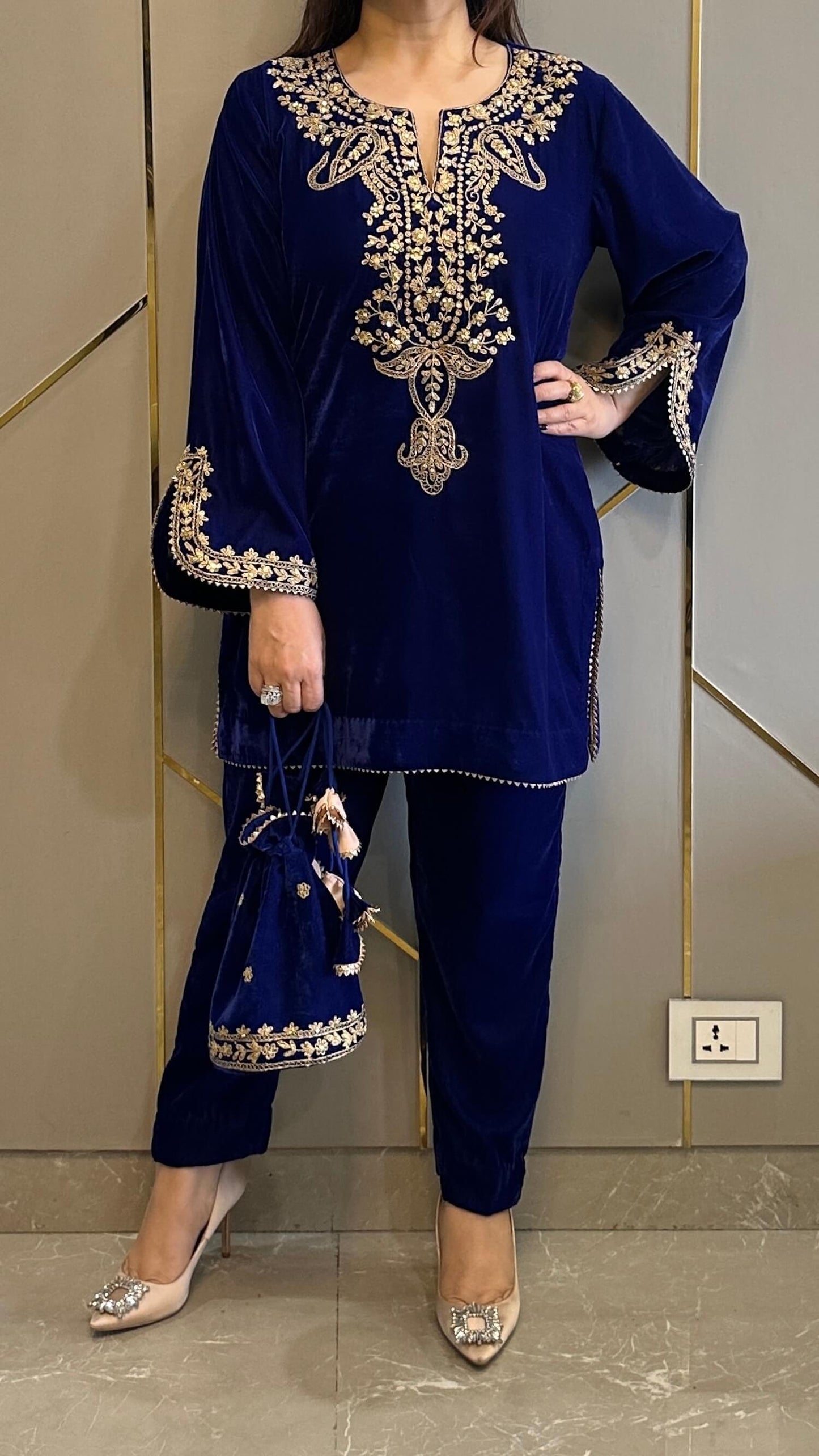 Royal Blue Velvet Short Embroidered Co-ord Set