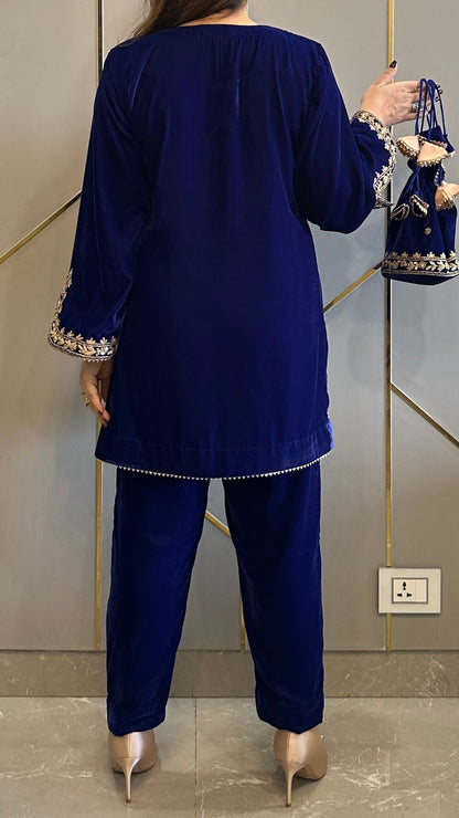 Royal Blue Velvet Short Embroidered Co-ord Set