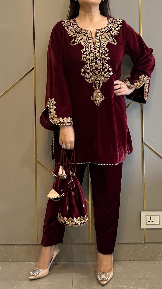 Maroon Velvet Short Embroidered Co-ord Set