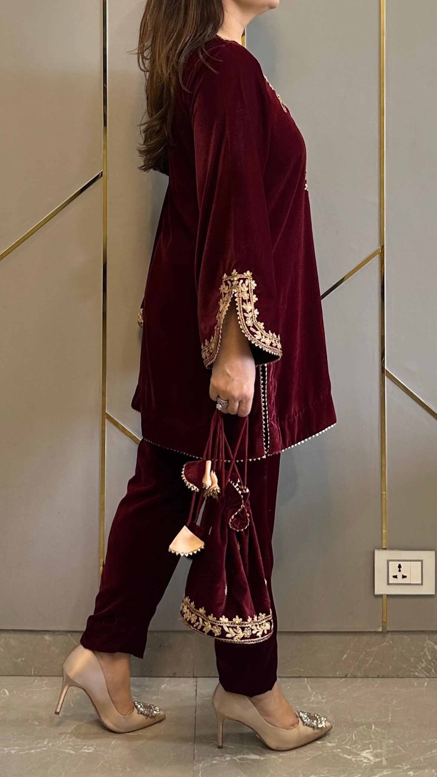 Maroon Velvet Short Embroidered Co-ord Set