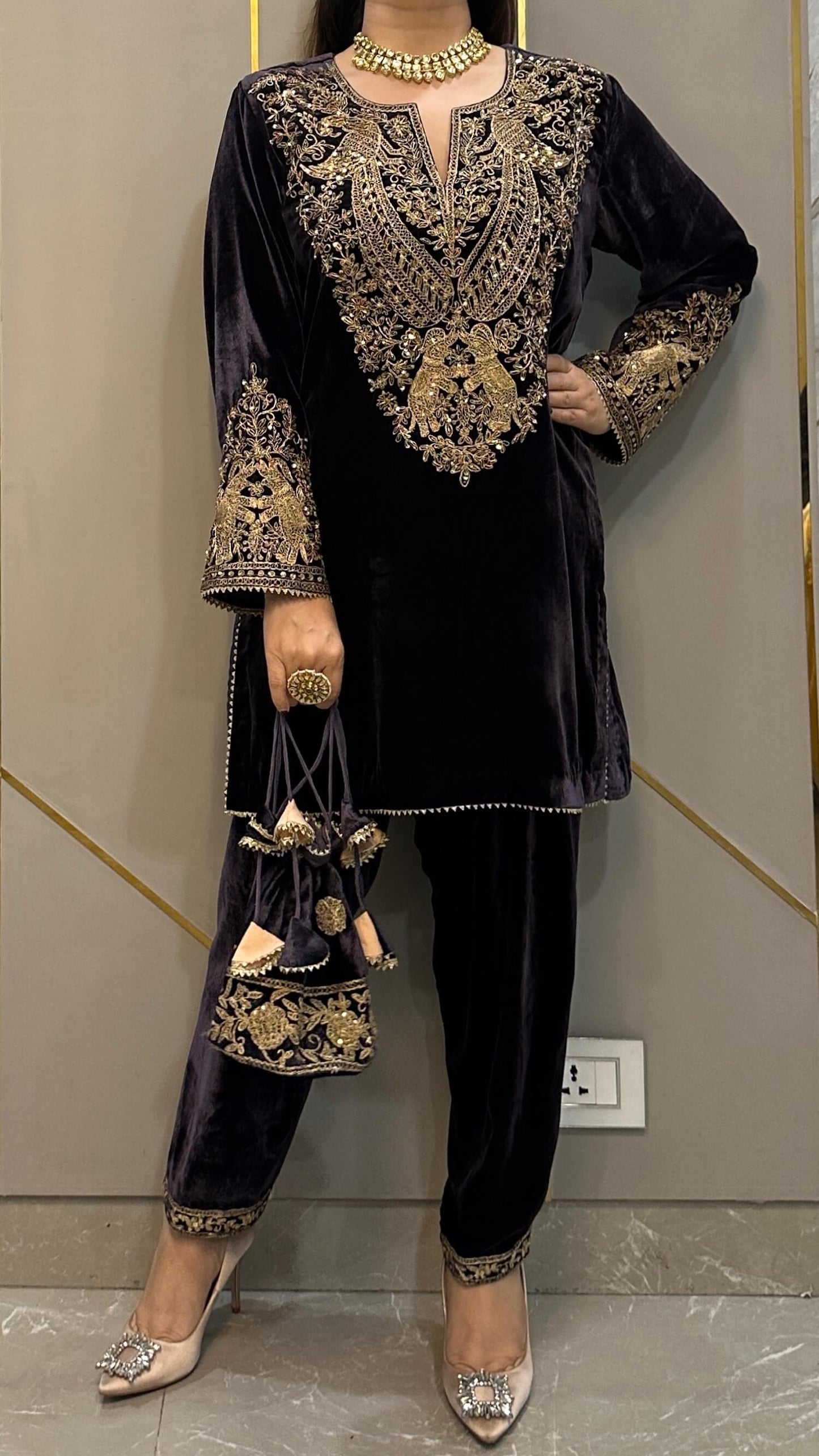 Steel Grey Hand Embroidered Velvet Short Phiran with Salwar and Potli