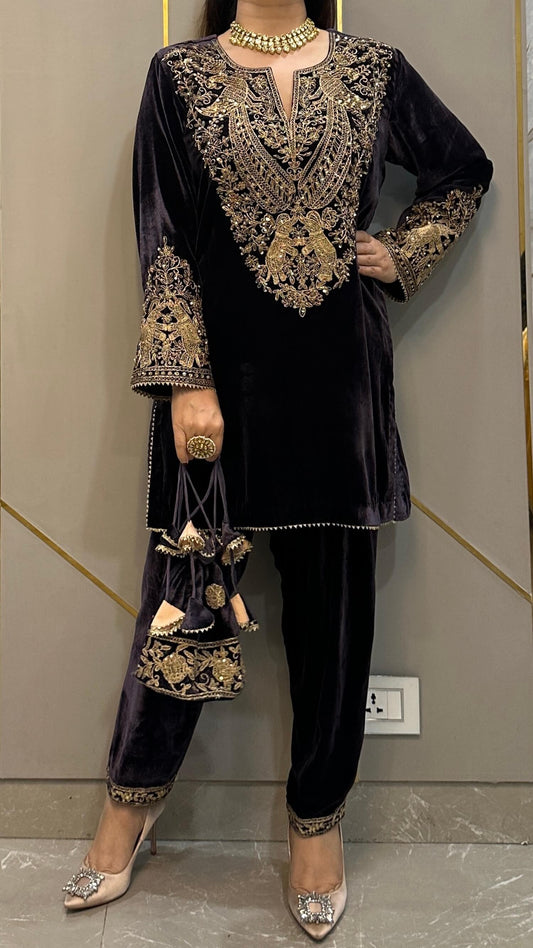 Steel Grey Hand Embroidered Velvet Short Phiran with Salwar and Potli