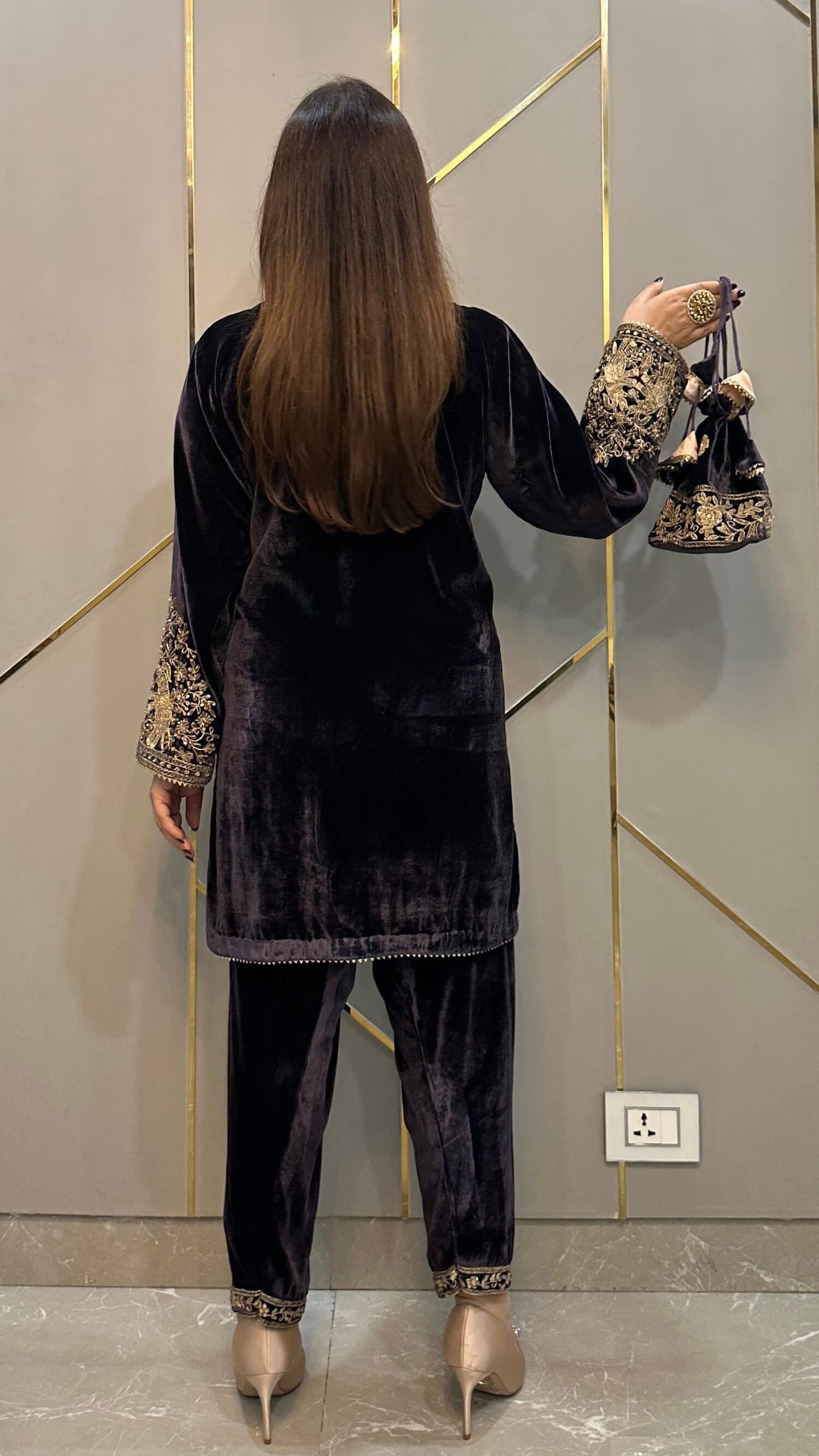 Steel Grey Hand Embroidered Velvet Short Phiran with Salwar and Potli