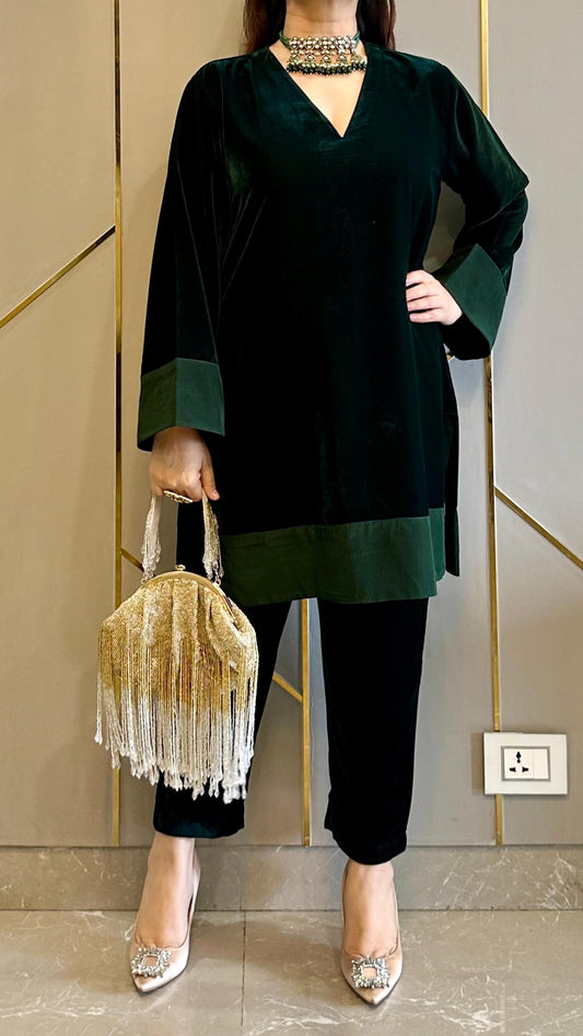 Bottle Green Velvet Co-ord Set