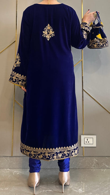 Royal Blue Velvet Bloom Phiran Set