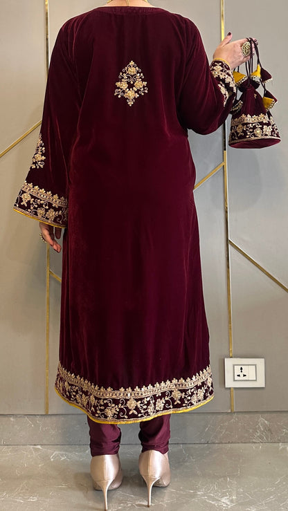 Maroon Velvet Bloom Phiran Set