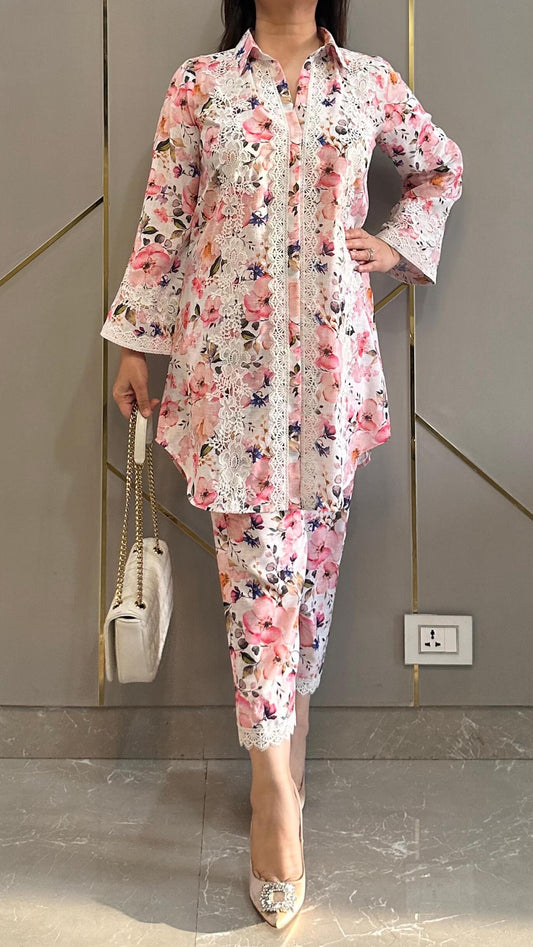 Pink French Lace Linen Co-ord Set