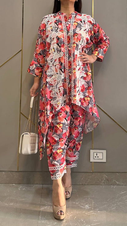 Red Tropical French Lace High Low Linen Co-ord Set