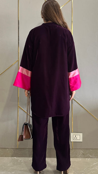Purple Velvet Colour Block Co-ord Set
