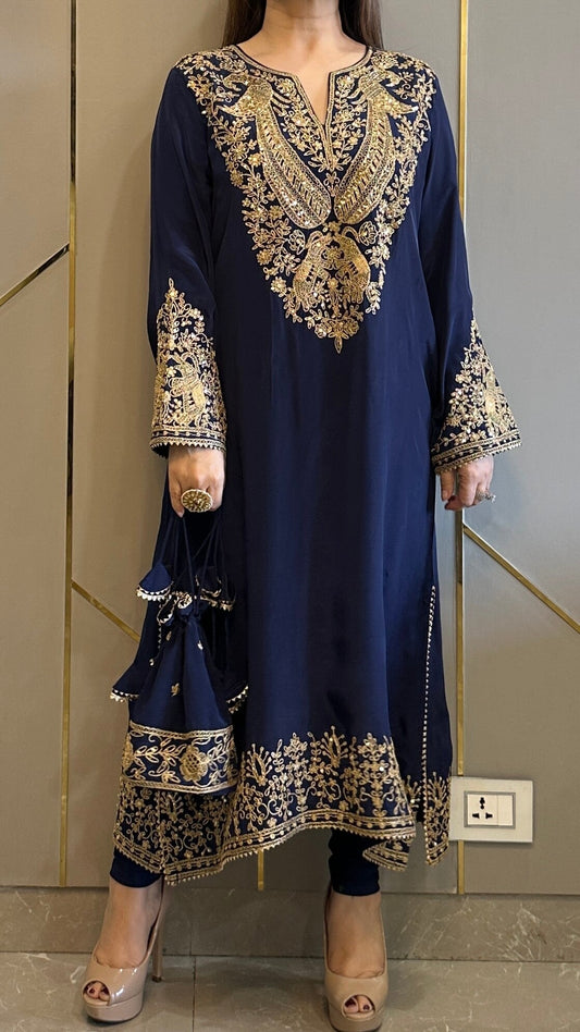 Navy Blue Baroque Crepe Phiran Kurta with Churidar