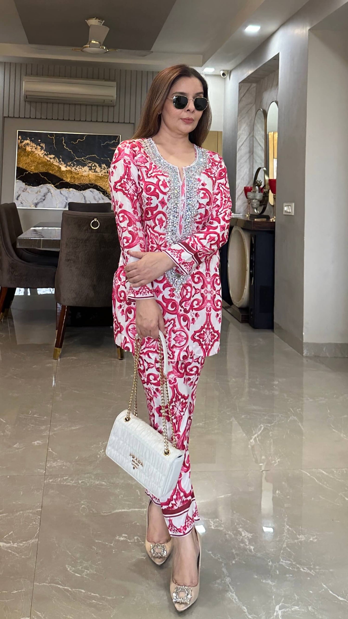 Hot Pink Capri Hand Embroidered Crystal Co-ord