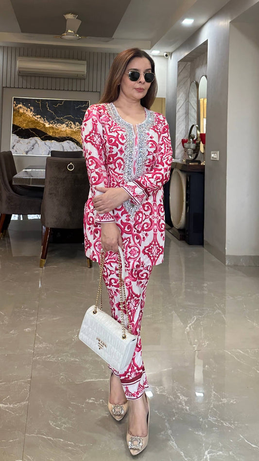 Hot Pink Capri Hand Embroidered Crystal Co-ord