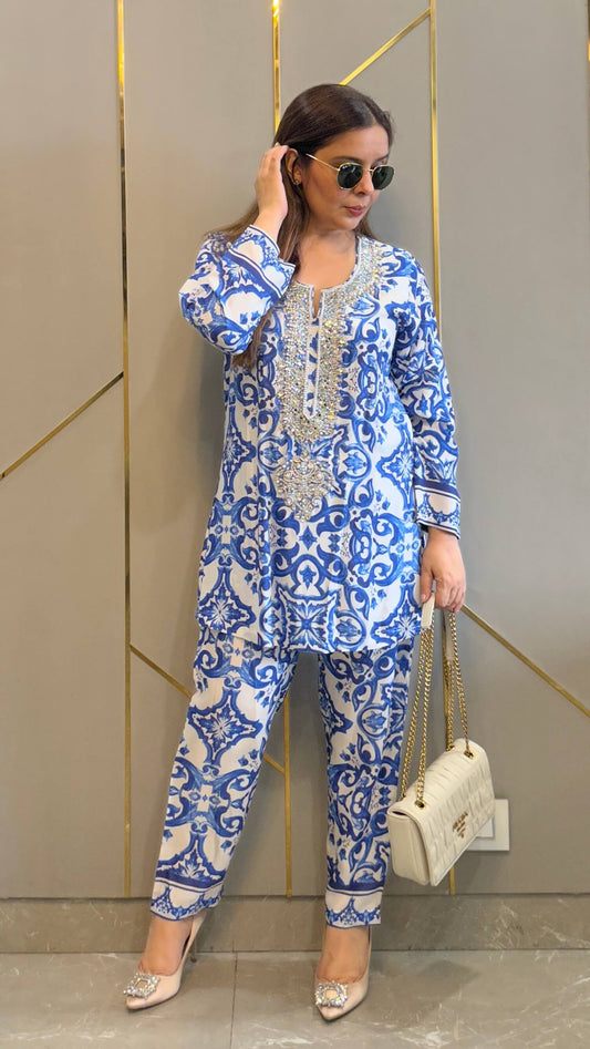 Blue Capri Hand Embroidered Crystal Co-ord