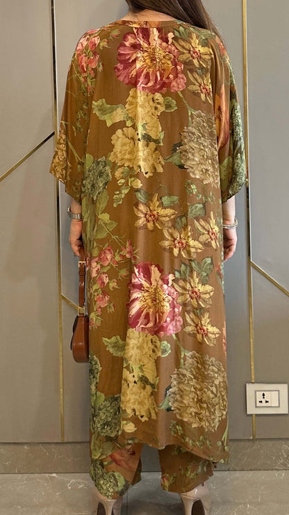 Tan Floral High Low Crepe Co-ord