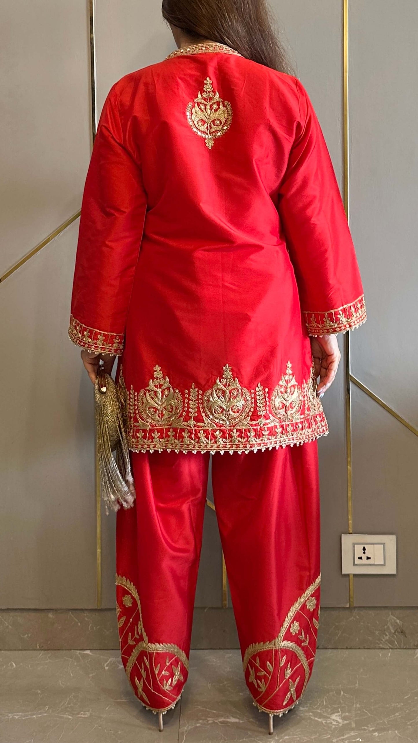 Red Hand and Dori Embroidered Short Phiran Suit