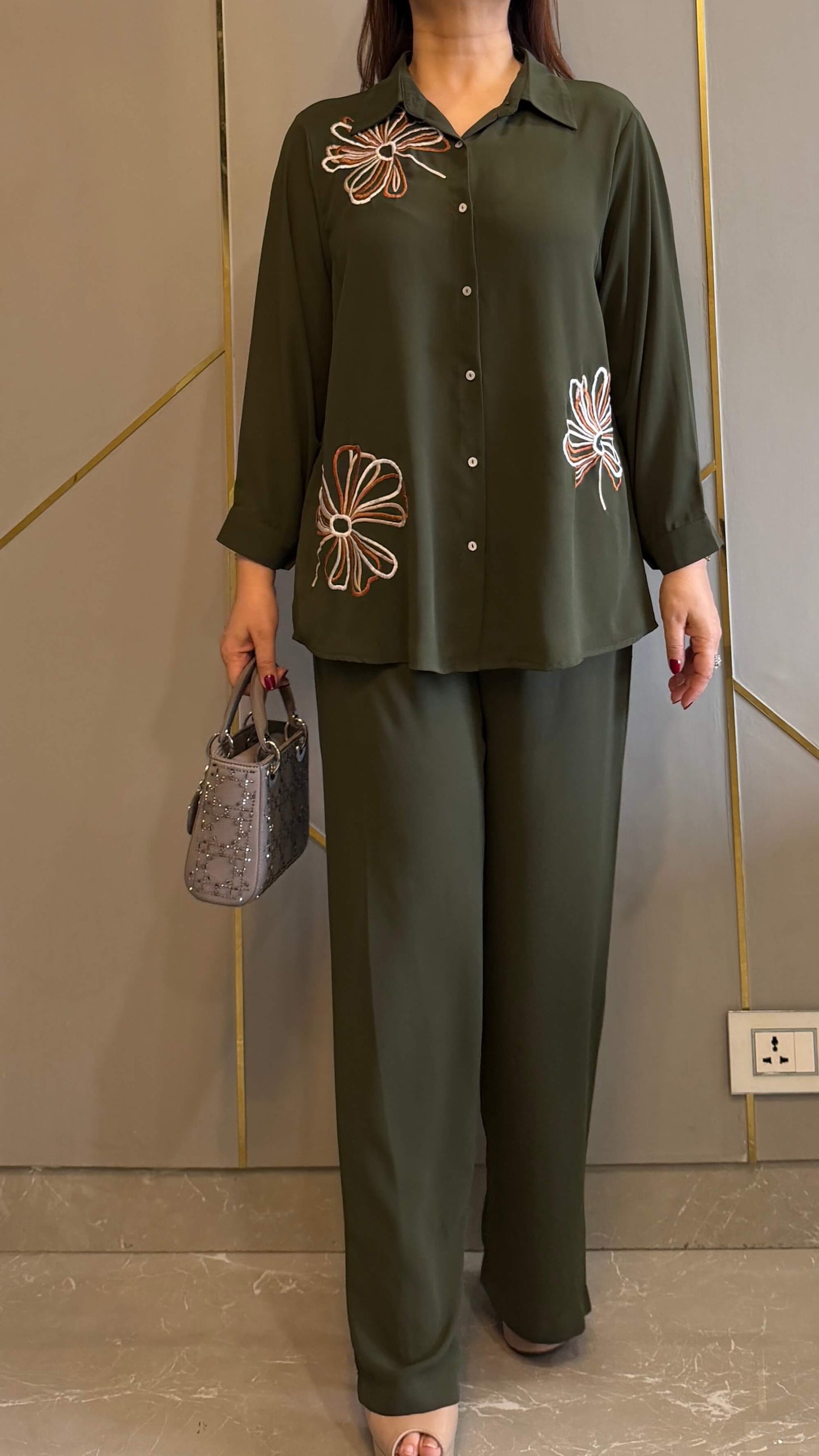 Olive Floral Embroidered Co-ord Set