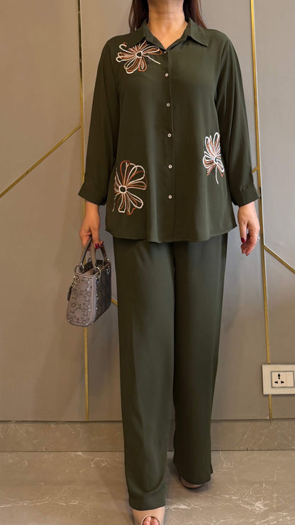 Olive Floral Embroidered Co-ord Set
