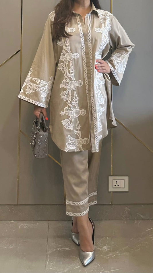 Greyish Beige Venetian Lace Co-ord Set