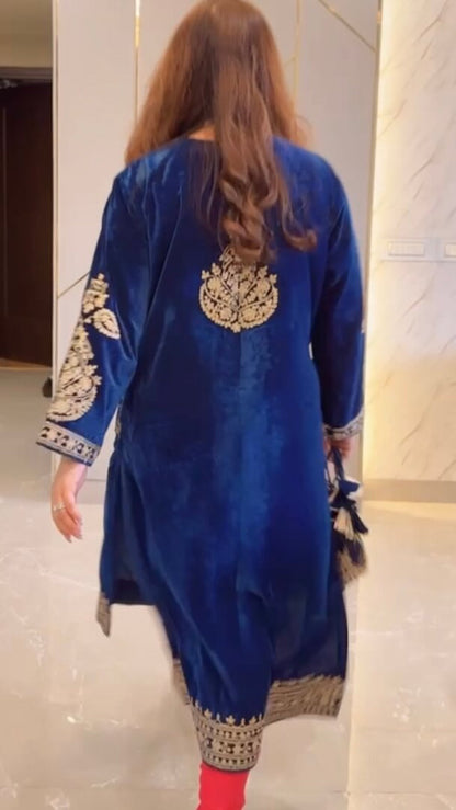 Royal Blue Velvet Kashmiri-Phiran Kurta with Churidar and Matching Potli
