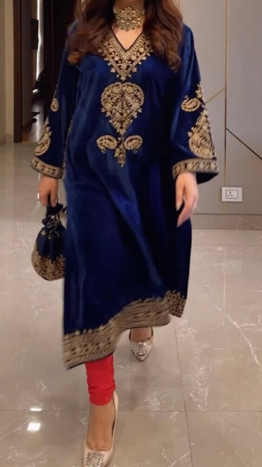 Royal Blue Velvet Kashmiri-Phiran Kurta with Churidar and Matching Potli