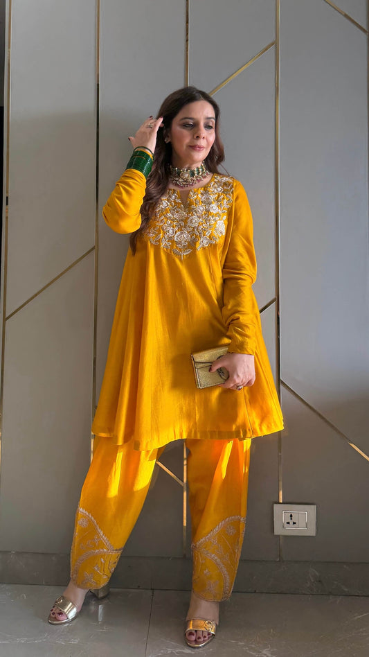 Mustard Bahaar Chanderi Kurta with Embroidered Salwar