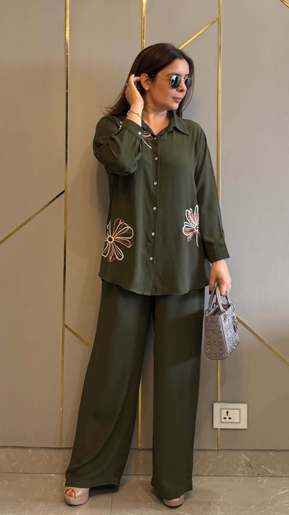 Olive Floral Embroidered Co-ord Set