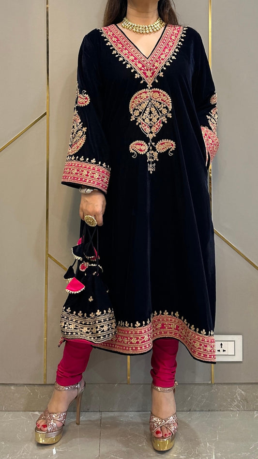 Navy Blue Velvet Applique Kashmiri-Phiran Kurta with Churidar and Matching Potli