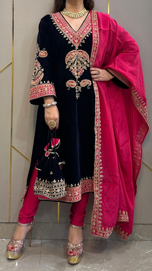 Navy Blue Velvet Applique Kashmiri-Phiran Kurta with Churidar and Matching Potli