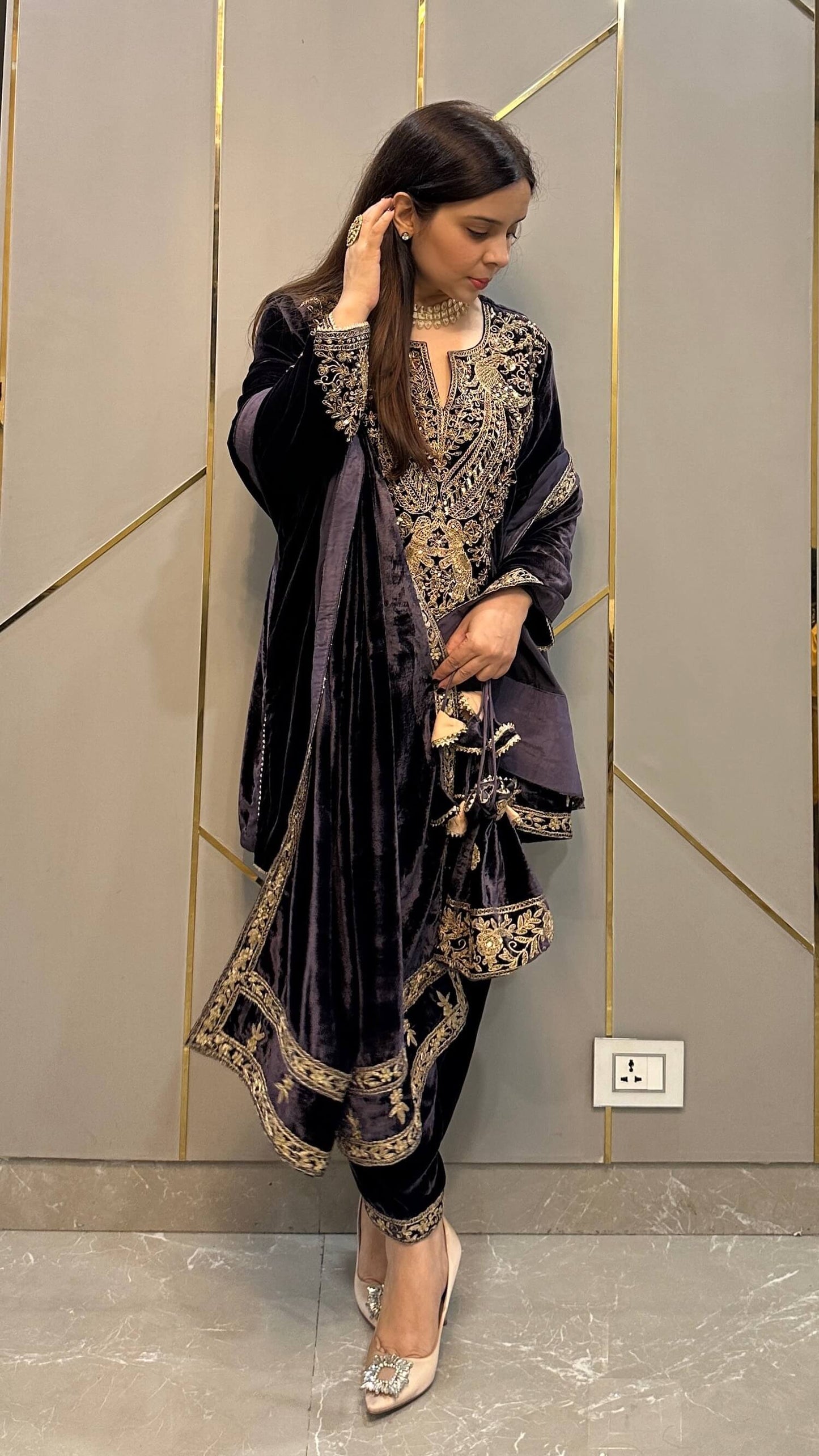 Steel Grey Hand Embroidered Velvet Short Phiran with Salwar and Potli