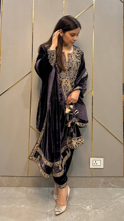 Steel Grey Hand Embroidered Velvet Short Phiran with Salwar and Potli