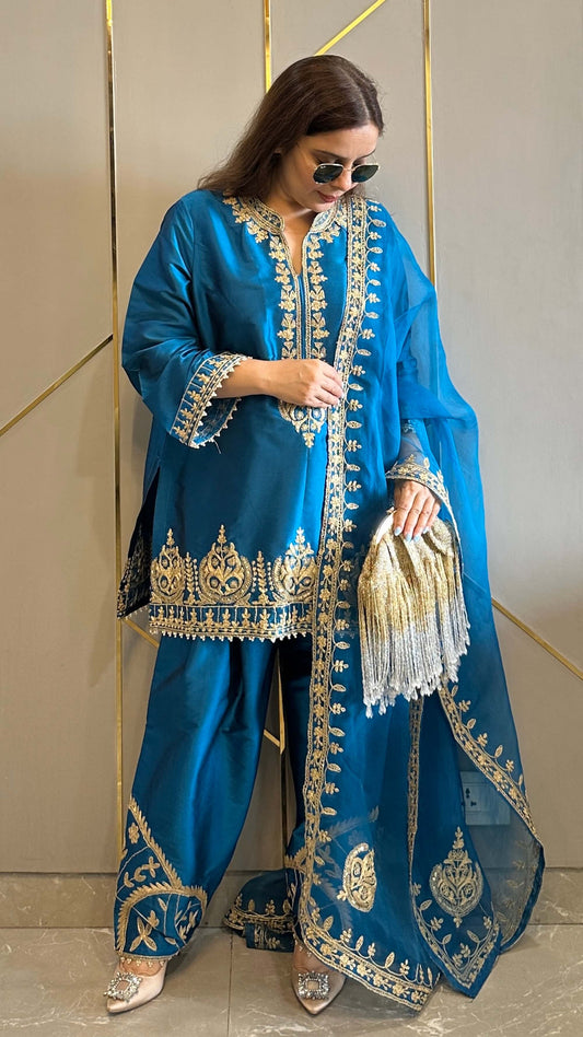 Teal Hand and Dori Embroidered Short Phiran Suit