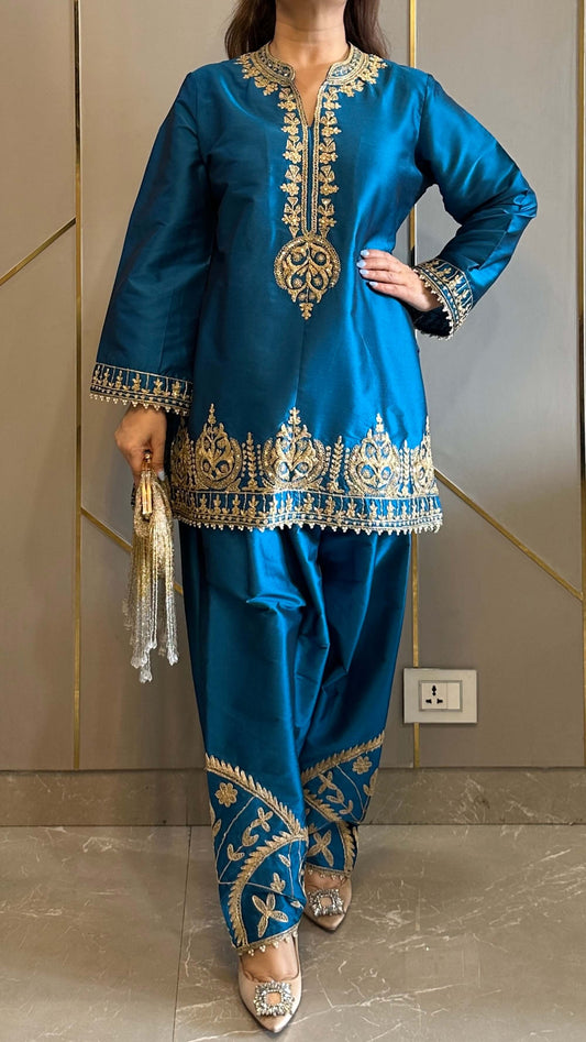 Teal Hand and Dori Embroidered Short Phiran Suit