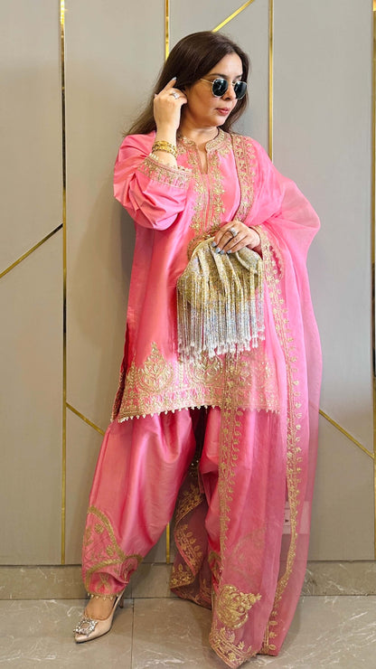 Blush Pink Hand and Dori Embroidered Short Phiran Suit