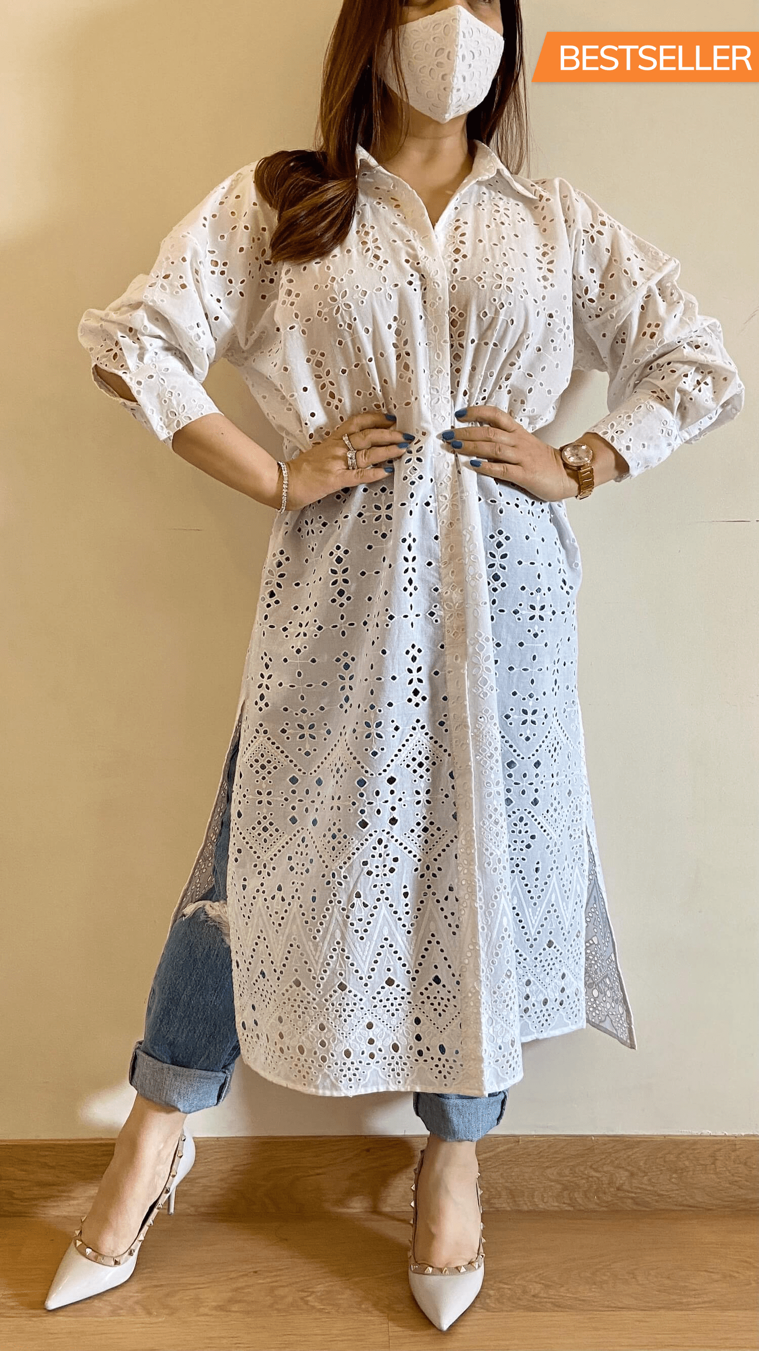 Pearl White Chikankari High-Low Shirt (Freesize) - kylee